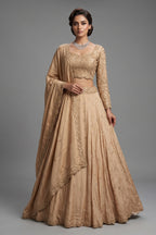 Nude Beige Satin Silk Flared Lehenga with Intricate Geometric Sequin Blouse and Lattice Dupatta