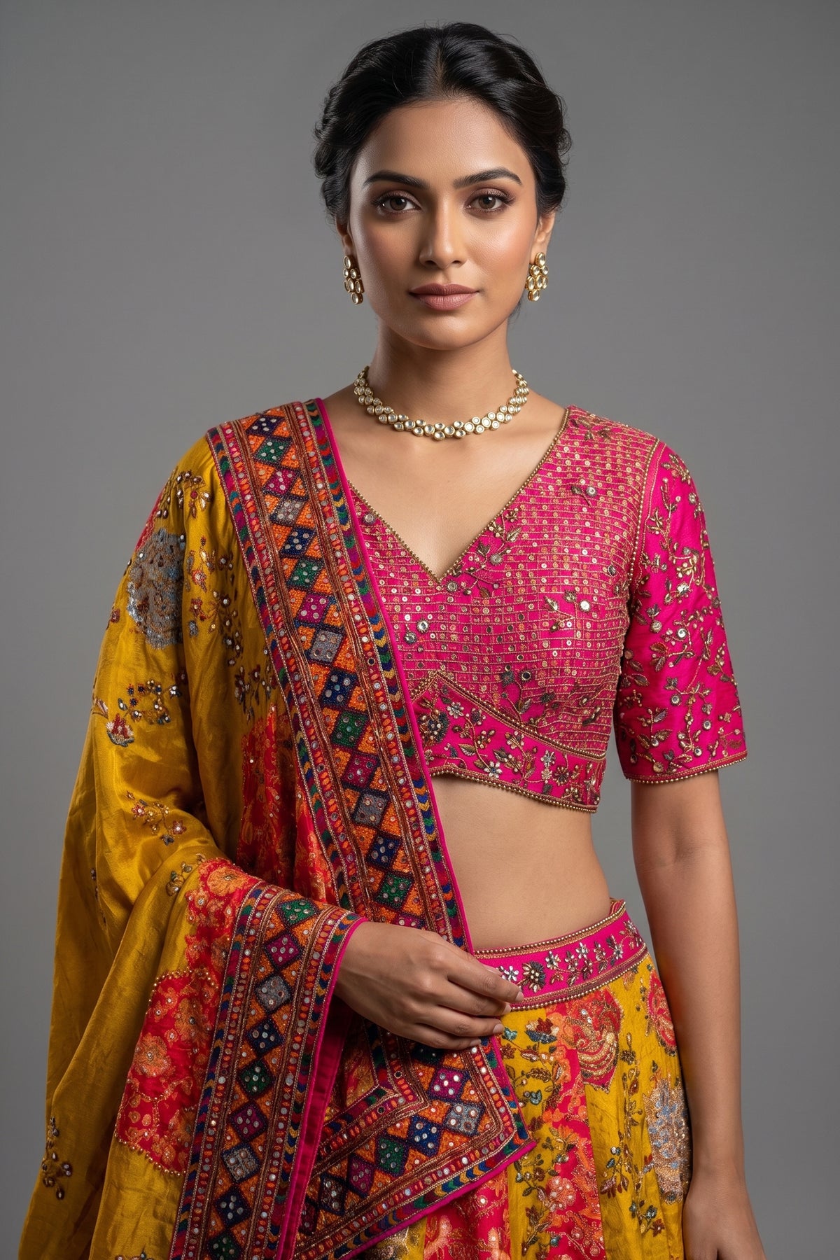 Mustard Yellow and Fuchsia Multi-Calidaar Printed Lehenga with Encrusted Cutdana Mirror Work Choli