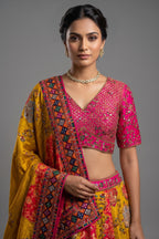 Mustard Yellow and Fuchsia Multi-Calidaar Printed Lehenga with Encrusted Cutdana Mirror Work Choli