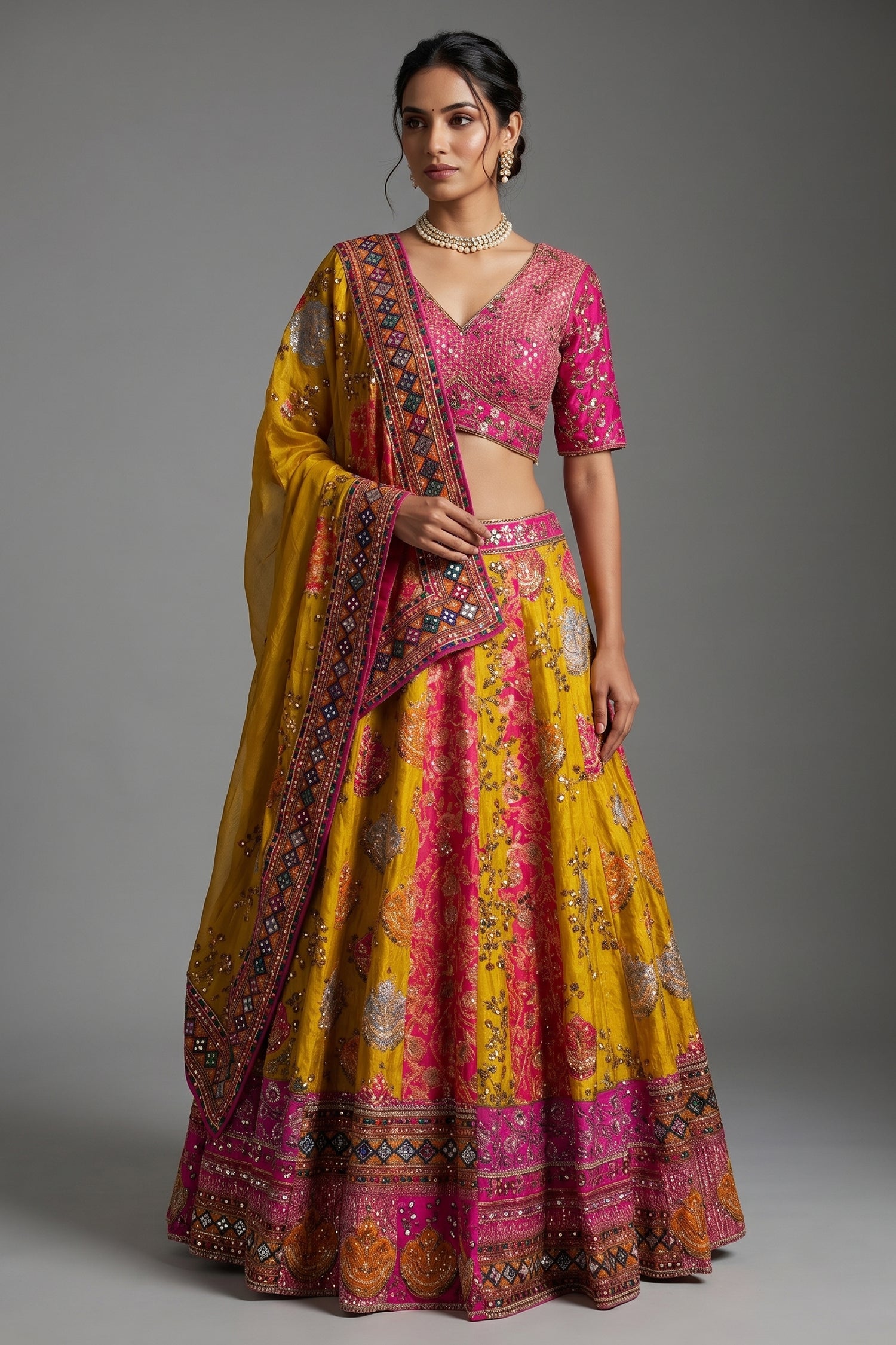 Mustard Yellow and Fuchsia Multi-Calidaar Printed Lehenga with Encrusted Cutdana Mirror Work Choli Main image