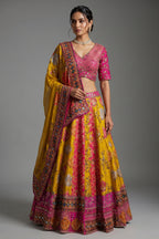Mustard Yellow and Fuchsia Multi-Calidaar Printed Lehenga with Encrusted Cutdana Mirror Work Choli
