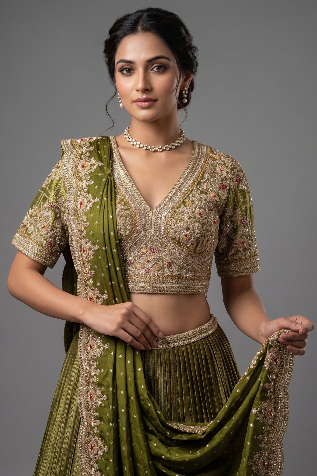 Moss Green Banarasi Silk Accordion-Pleated Lehenga Skirt with Encrusted Dabka-Zardosi Blouse