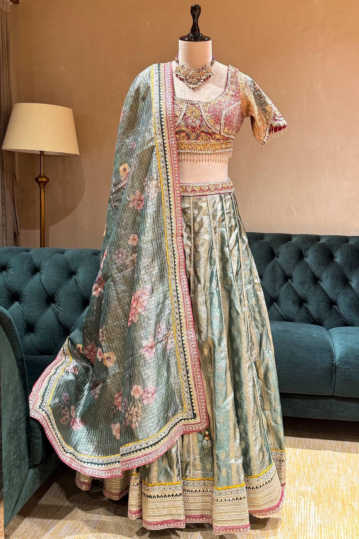 Mint Green Tissue Zari Woven Flared Lehenga with Multi-Textured Lace and Pearl Bustier