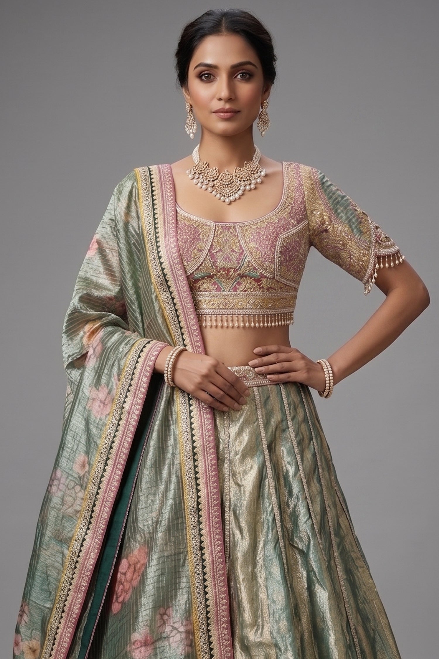 Mint Green Tissue Zari Woven Flared Lehenga with Multi-Textured Lace and Pearl Bustier Secondary image