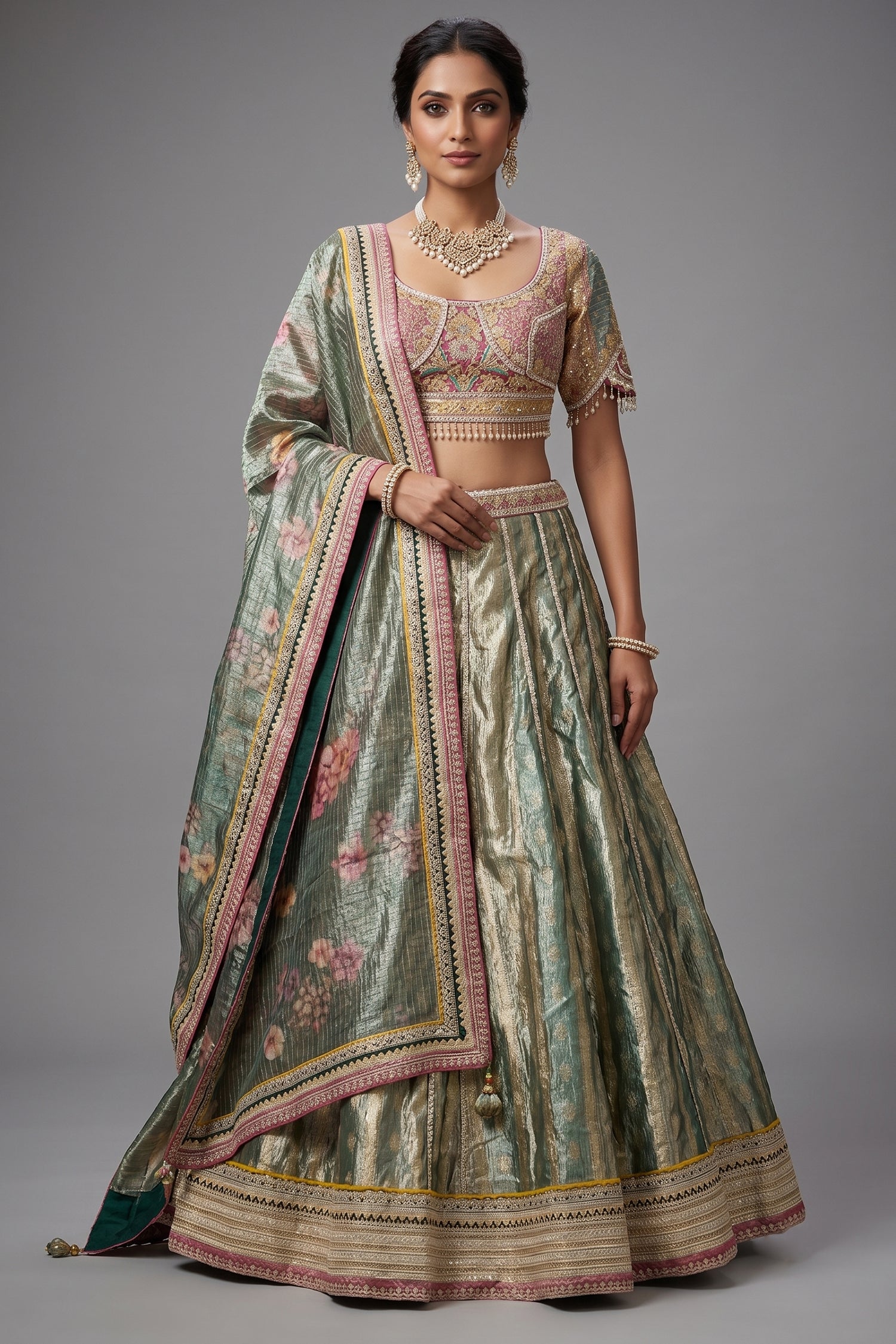 Mint Green Tissue Zari Woven Flared Lehenga with Multi-Textured Lace and Pearl Bustier Main image