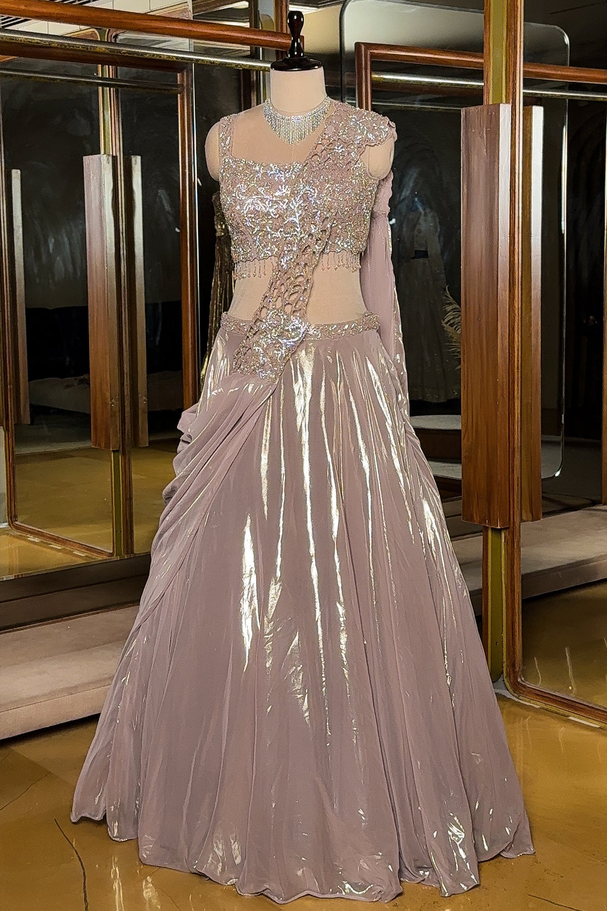 Metallic Dusty Rose Glass Tissue Flared Lehenga Skirt with Encrusted Cutdana Drape Blouse