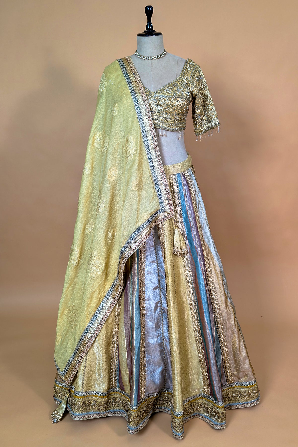 Multi Colored Kalidaar Metallic Tissue Silk Lehenga Set with Encrusted Cutdana-Mirror Work Blouse