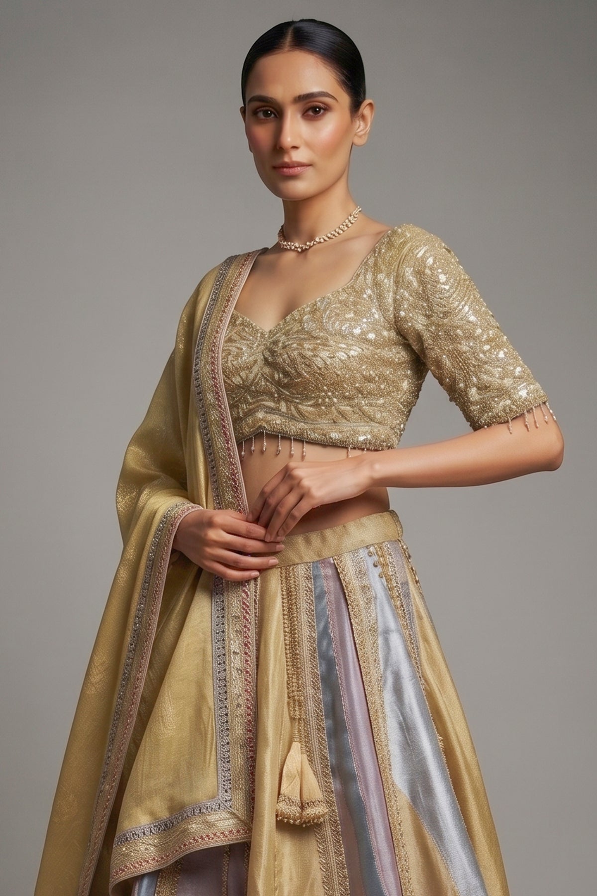 Multi Colored Kalidaar Metallic Tissue Silk Lehenga Set with Encrusted Cutdana-Mirror Work Blouse