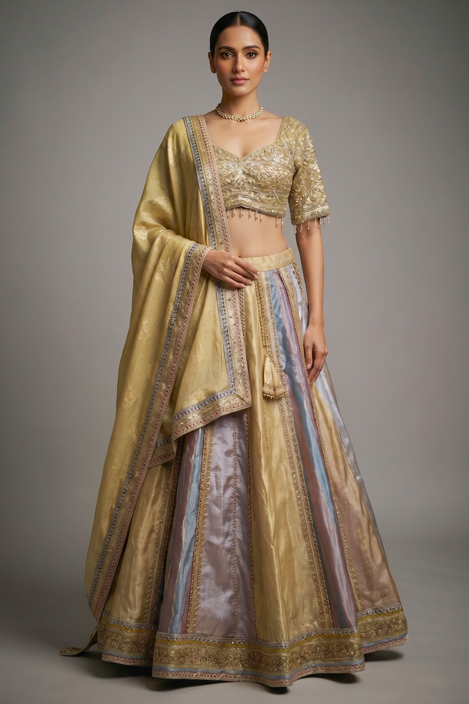 Multi Colored Kalidaar Metallic Tissue Silk Lehenga Set with Encrusted Cutdana-Mirror Work Blouse Main image