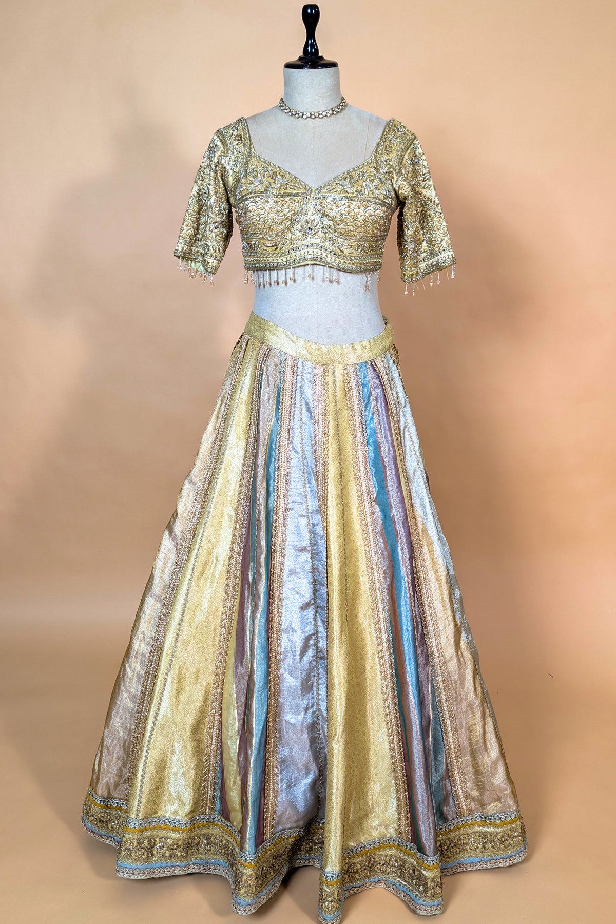 Multi Colored Kalidaar Metallic Tissue Silk Lehenga Set with Encrusted Cutdana-Mirror Work Blouse