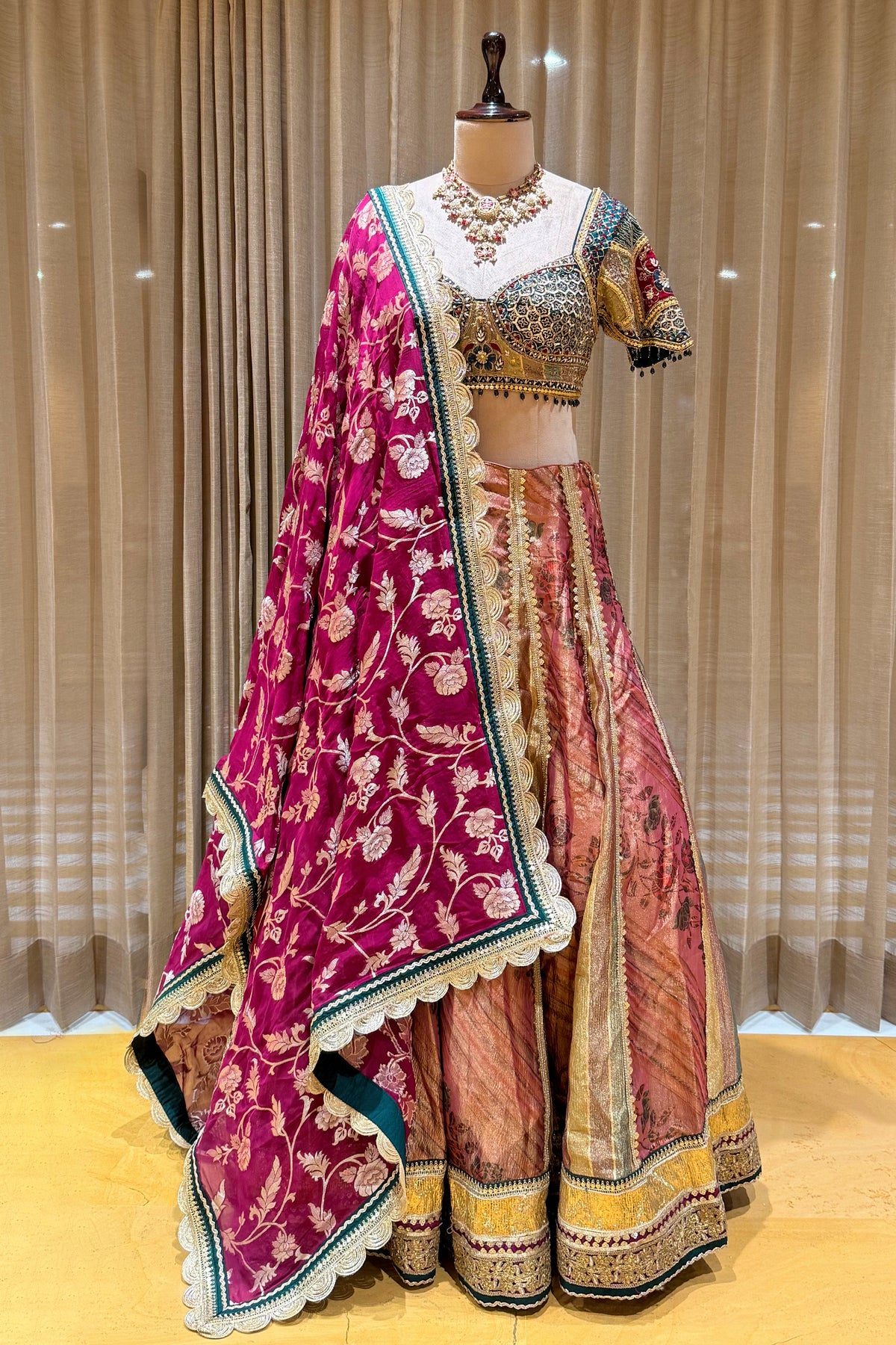 Multi-Paneled Digital Floral Tissue Lehenga with Emerald Green Sequin Bustier