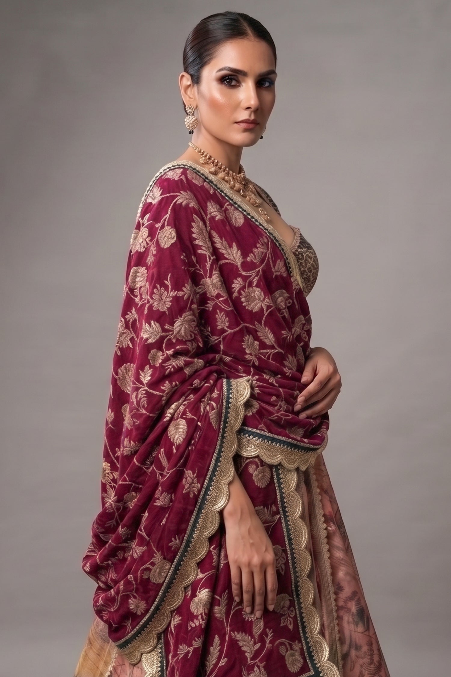 Multi-Paneled Digital Floral Tissue Lehenga with Emerald Green Sequin Bustier Secondary image