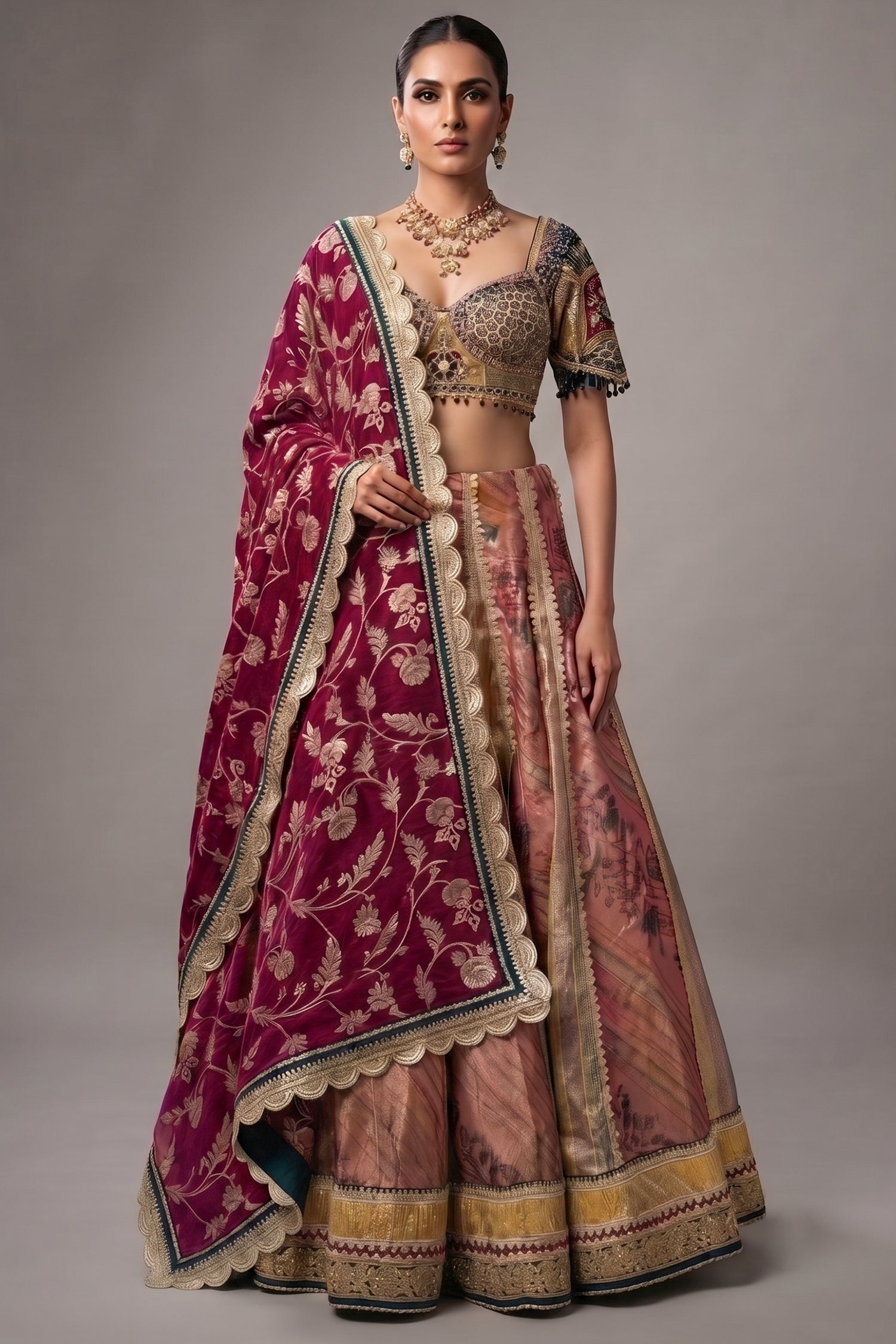 Multi-Paneled Digital Floral Tissue Lehenga with Emerald Green Sequin Bustier Main image