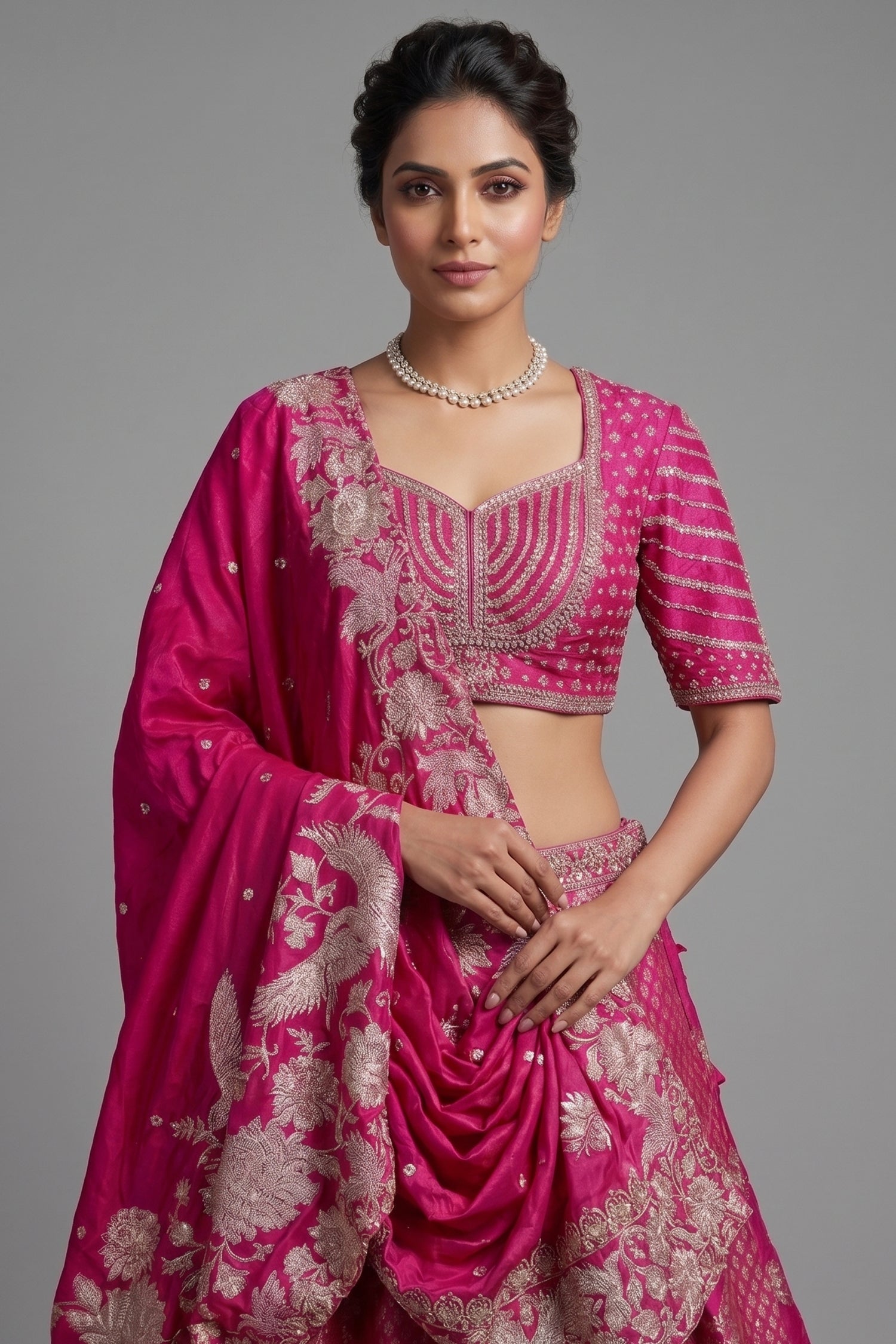 Rani Pink Banarasi Silk Woven Lehenga Set with Hand-Crafted Kundan & Zardosi Blouse Secondary image
