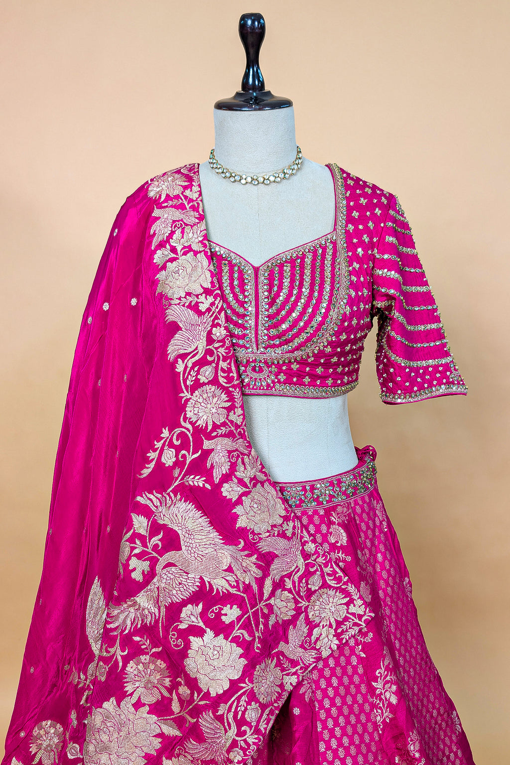 Rani Pink Banarasi Silk Woven Lehenga Set with Hand-Crafted Kundan & Zardosi Blouse
