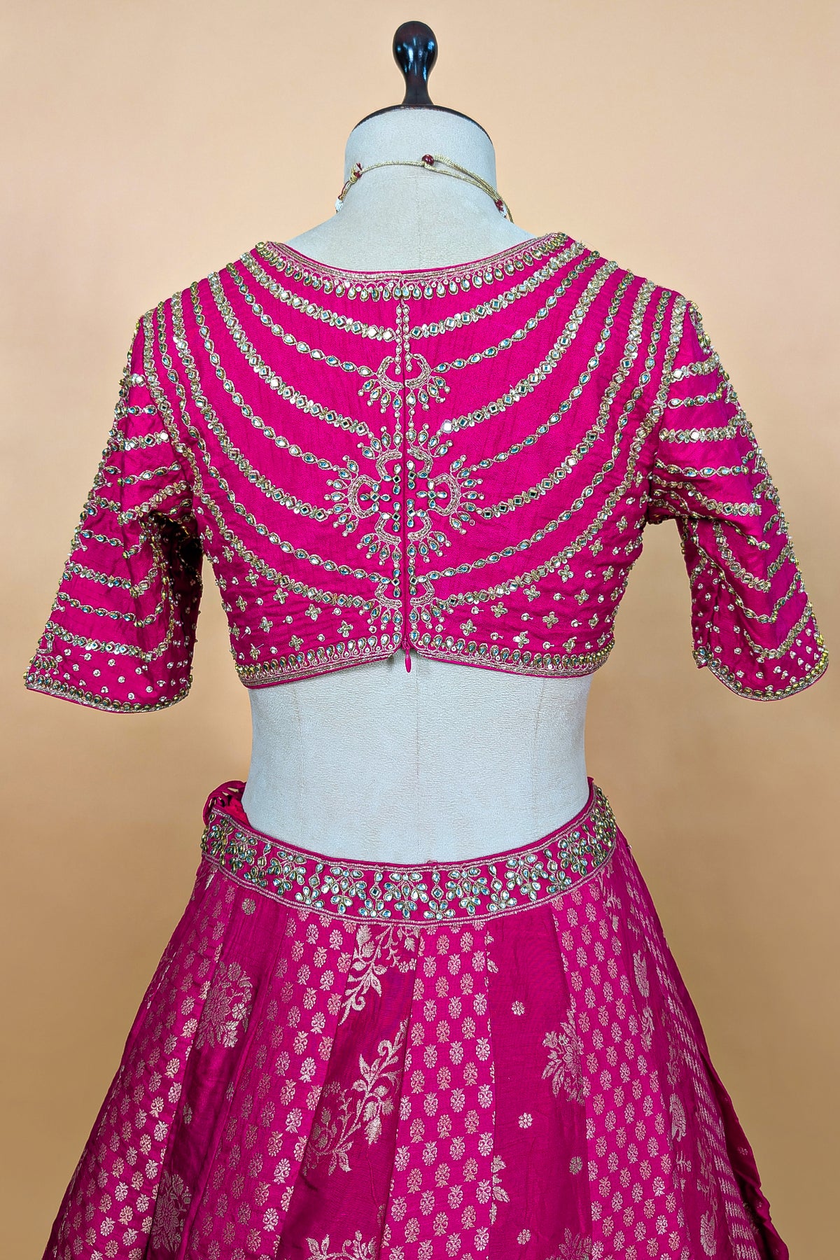 Rani Pink Banarasi Silk Woven Lehenga Set with Hand-Crafted Kundan & Zardosi Blouse