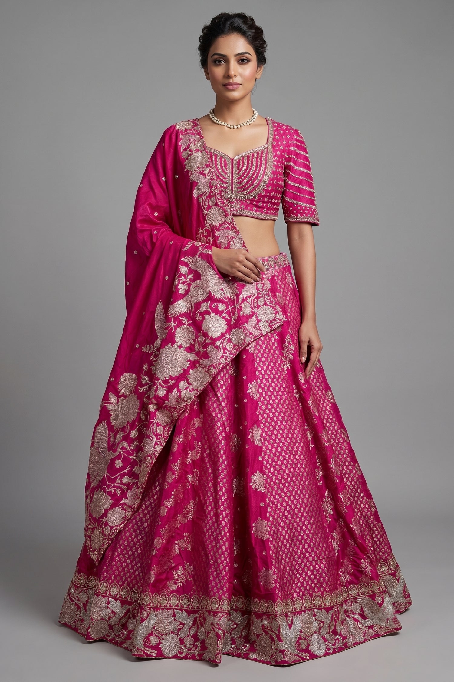 Rani Pink Banarasi Silk Woven Lehenga Set with Hand-Crafted Kundan & Zardosi Blouse Main image