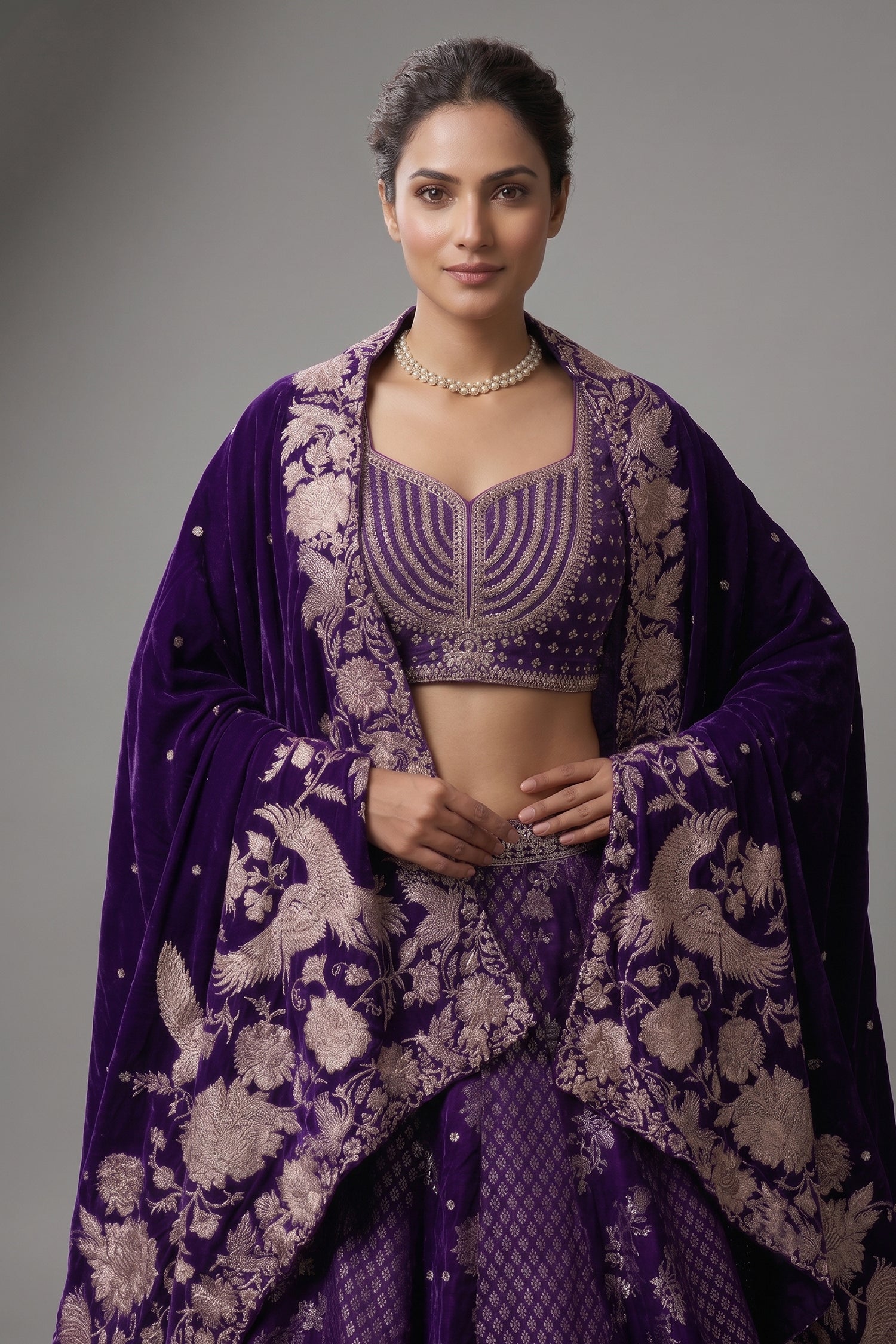 Royal Purple Banarasi Silk Woven Lehenga Set with Hand-Crafted Kundan & Zardosi Blouse Secondary image