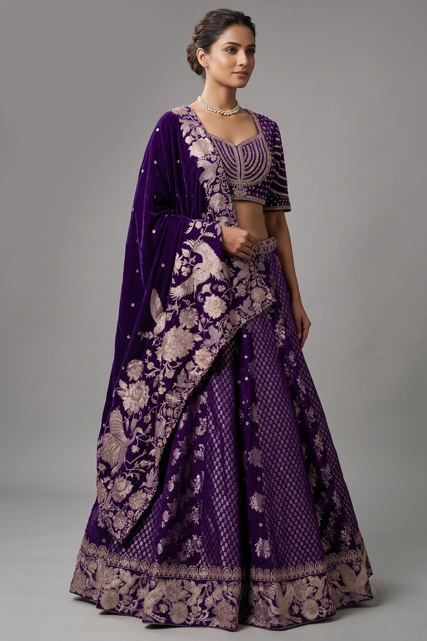 Royal Purple Banarasi Silk Woven Lehenga Set with Hand-Crafted Kundan & Zardosi Blouse Main image