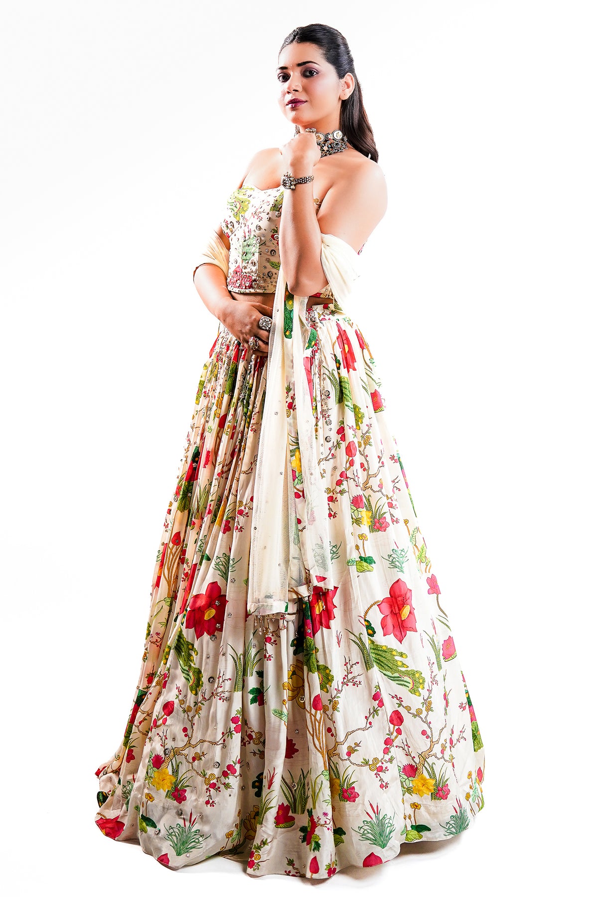 Ivory Floral Printed Crepe Lehenga with Structured Strapless Corset Bustier