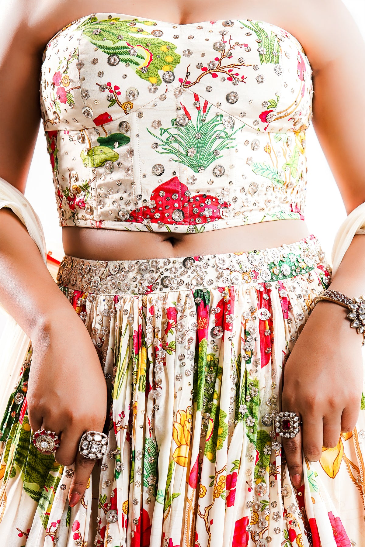Ivory Floral Printed Crepe Lehenga with Structured Strapless Corset Bustier
