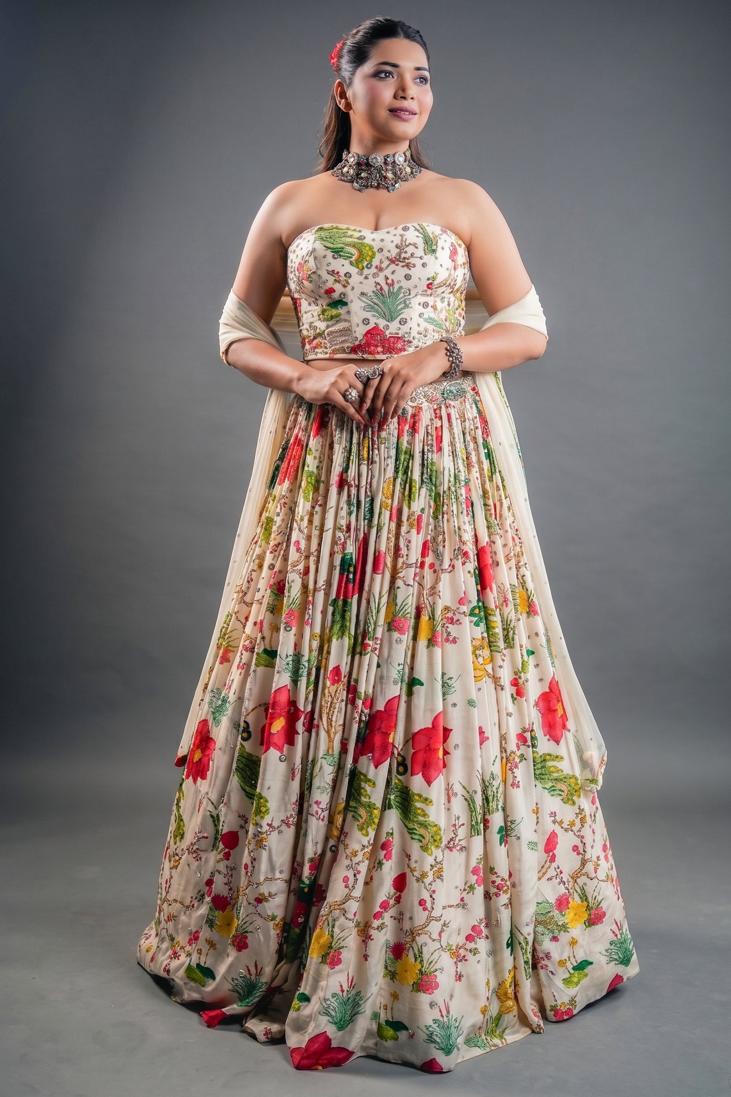Ivory Floral Printed Crepe Lehenga with Structured Strapless Corset Bustier Main image