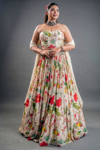 Ivory Floral Printed Crepe Lehenga with Structured Strapless Corset Bustier