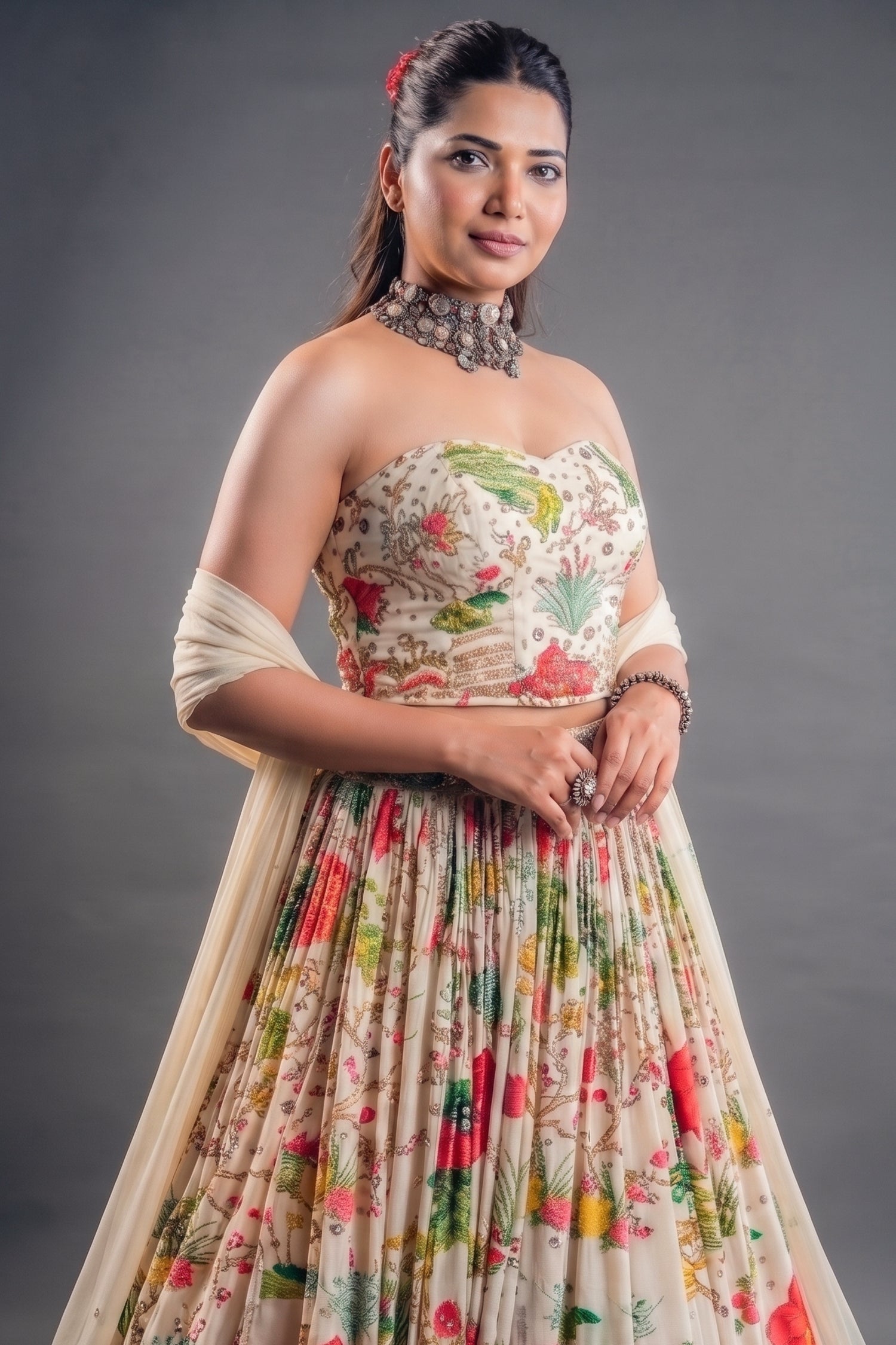 Ivory Floral Printed Crepe Lehenga with Structured Strapless Corset Bustier Secondary image