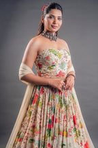 Ivory Floral Printed Crepe Lehenga with Structured Strapless Corset Bustier
