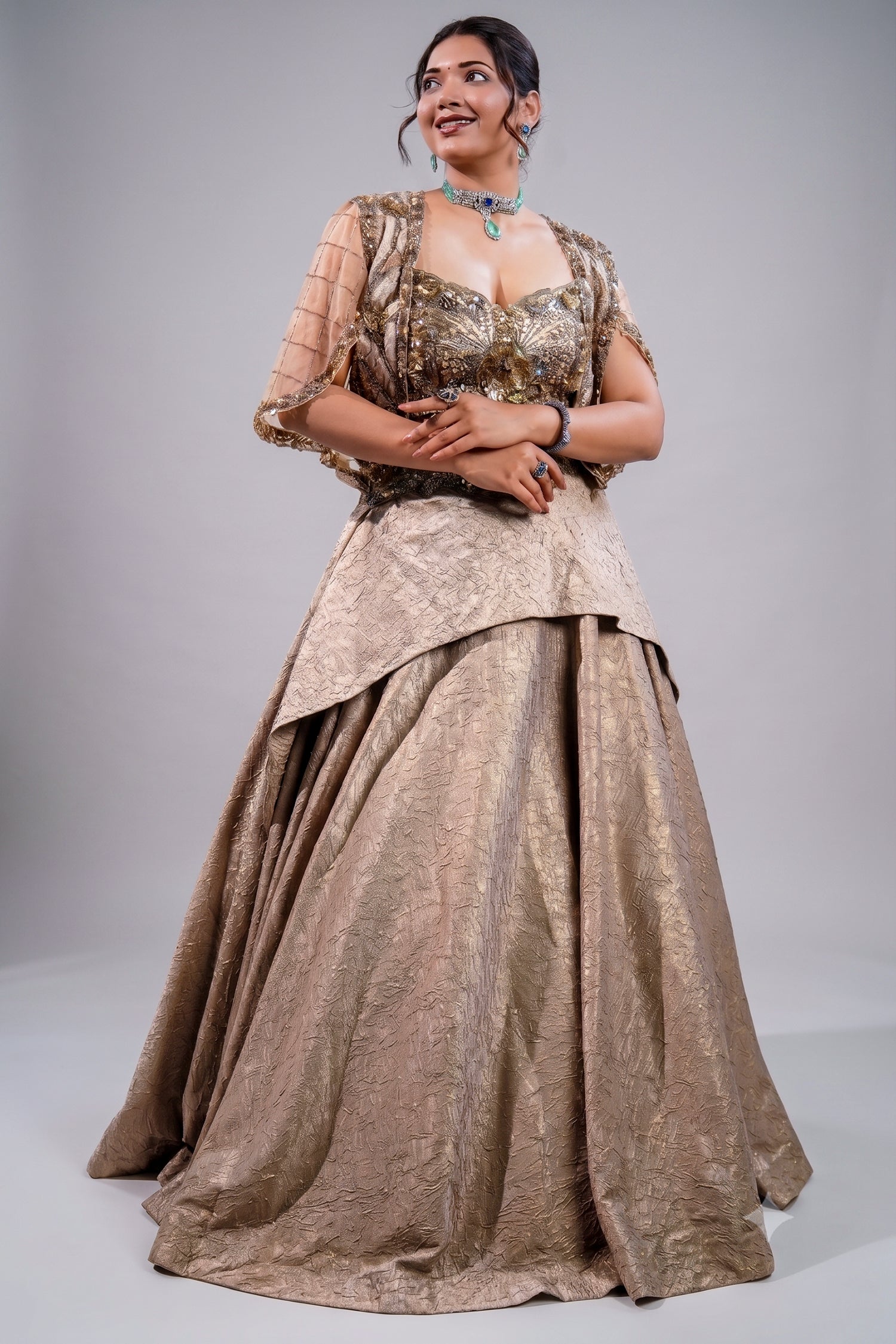 Metallic Taupe Fusion Lehenga Set featuring Cutdana Bodice and Sheer Embroidered Cape Main image