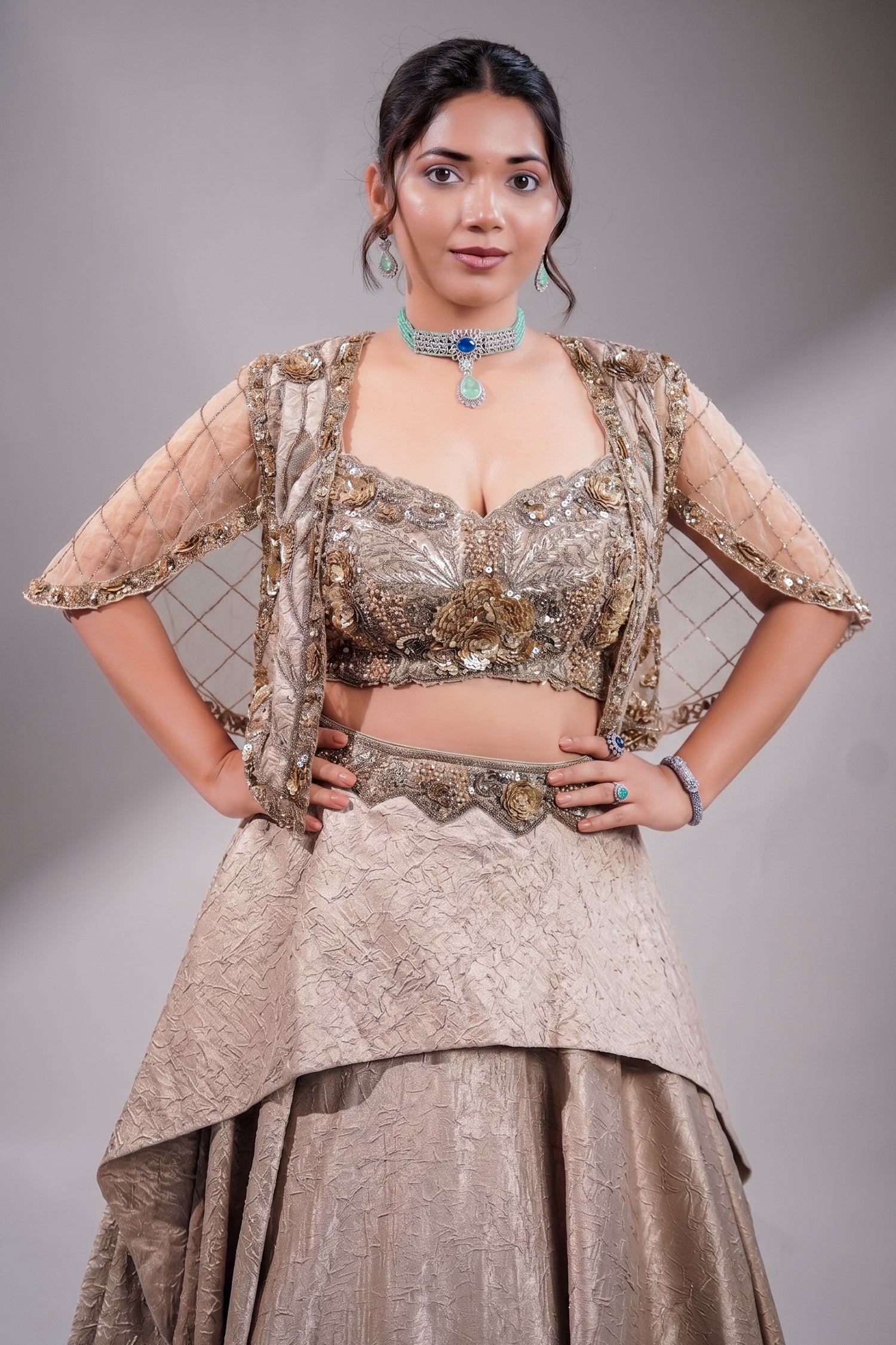 Metallic Taupe Fusion Lehenga Set featuring Cutdana Bodice and Sheer Embroidered Cape Secondary image