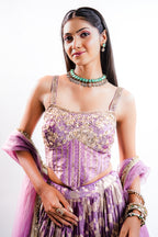 Lavender Purple Tissue Silk Lehenga featuring Cutdana Embroidered Corset Blouse
