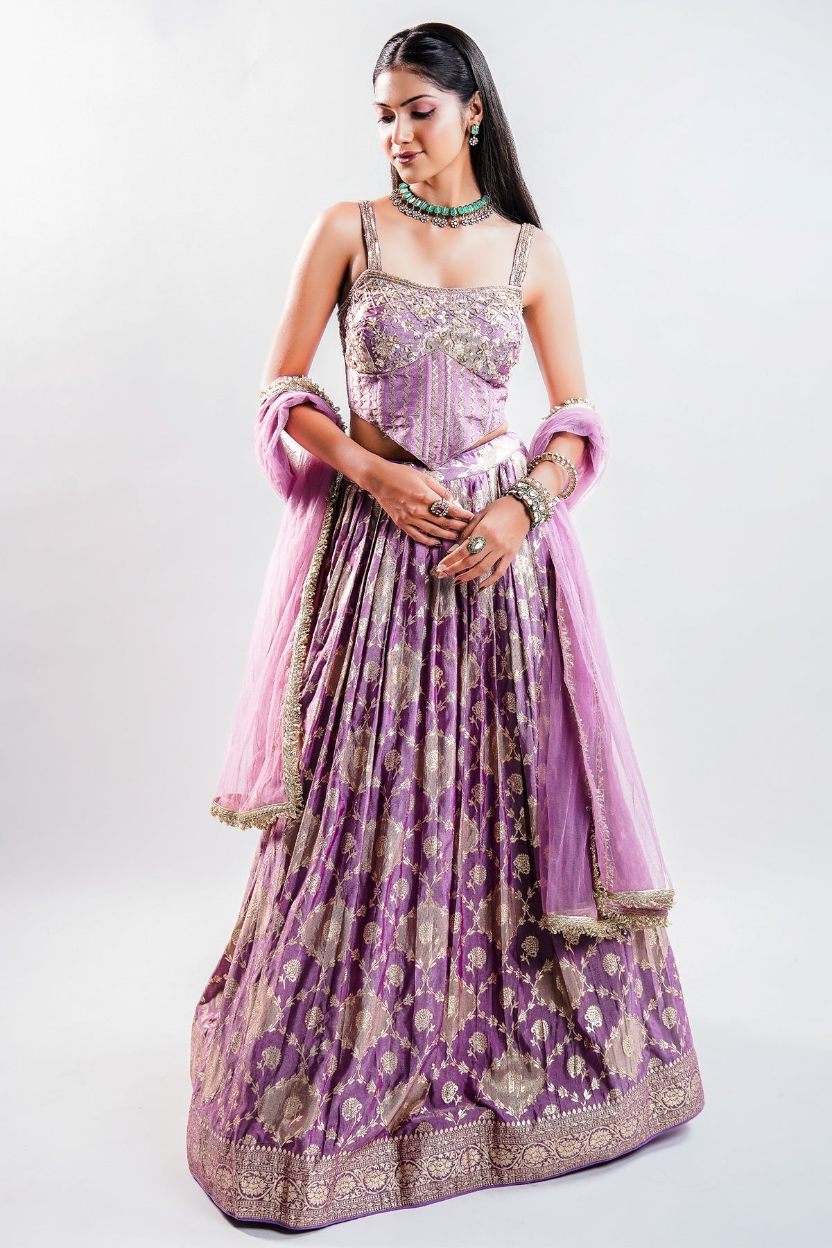 Lavender Purple Tissue Silk Lehenga featuring Cutdana Embroidered Corset Blouse