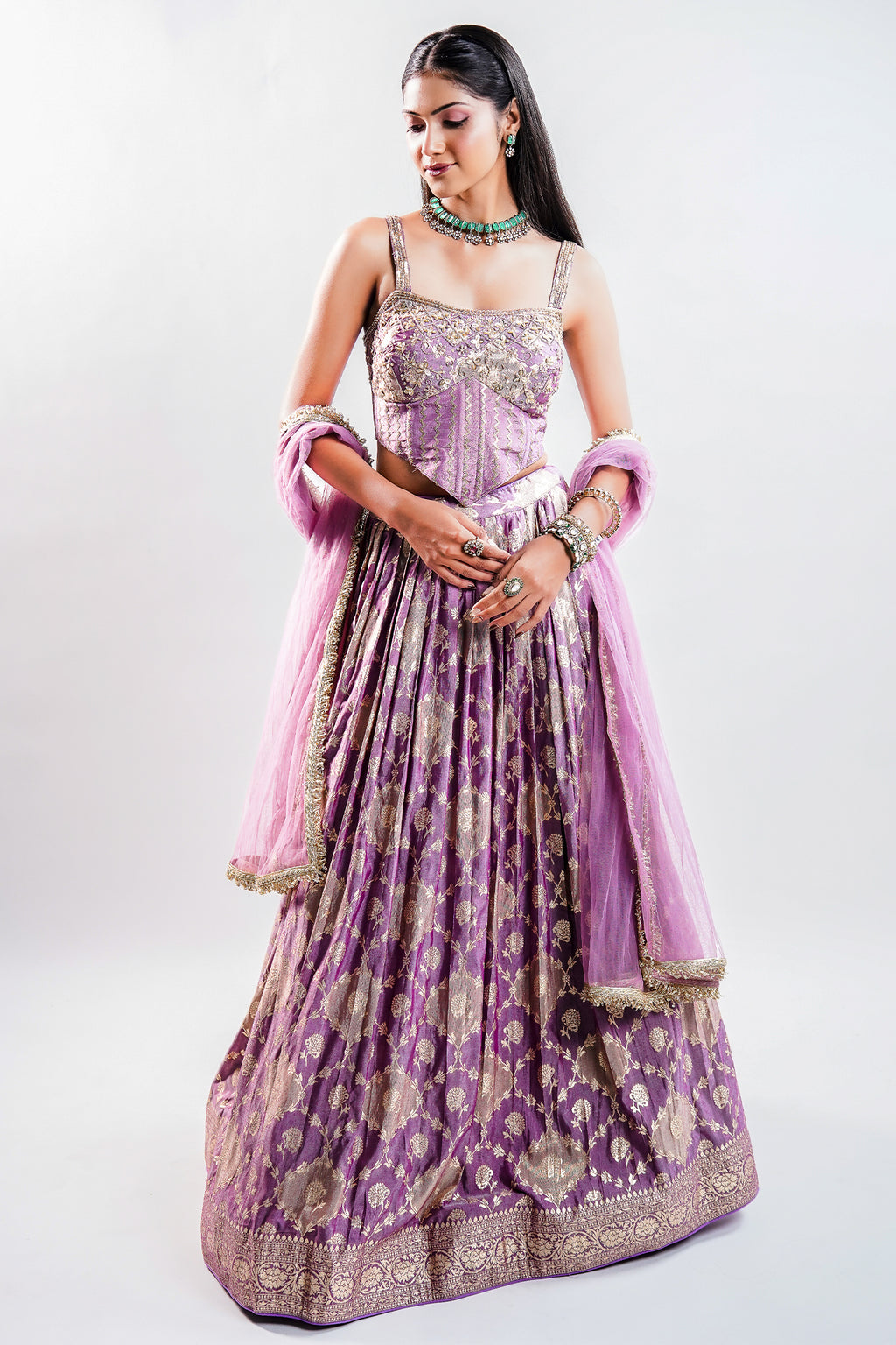 Lavender Purple Tissue Silk Lehenga featuring Cutdana Embroidered Corset Blouse