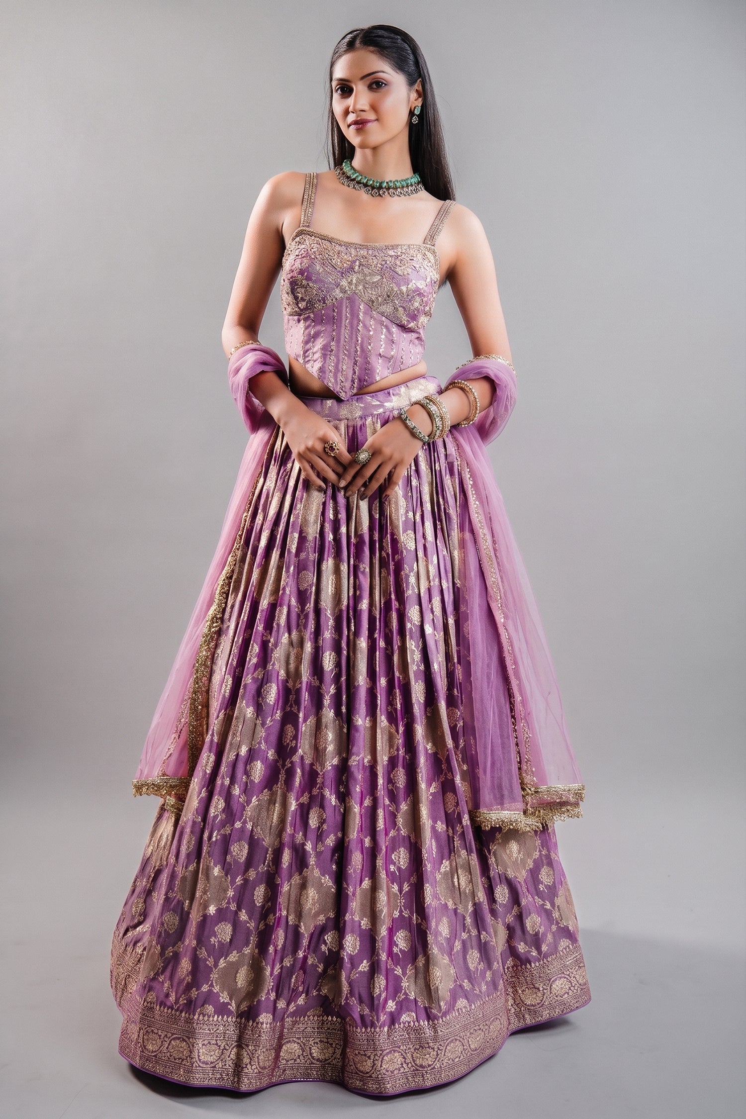 Lavender Purple Tissue Silk Lehenga featuring Cutdana Embroidered Corset Blouse Main image