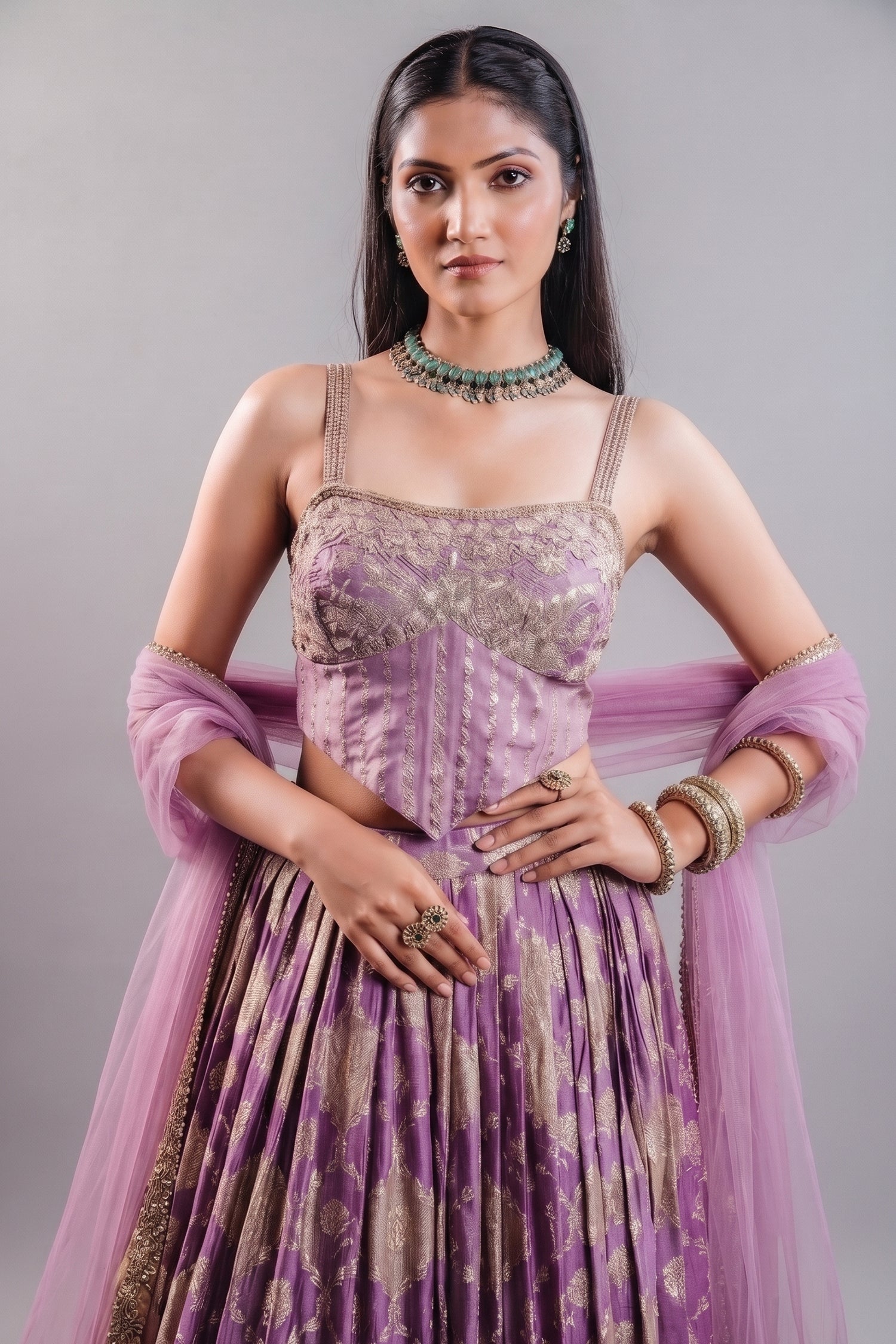 Lavender Purple Tissue Silk Lehenga featuring Cutdana Embroidered Corset Blouse Secondary image