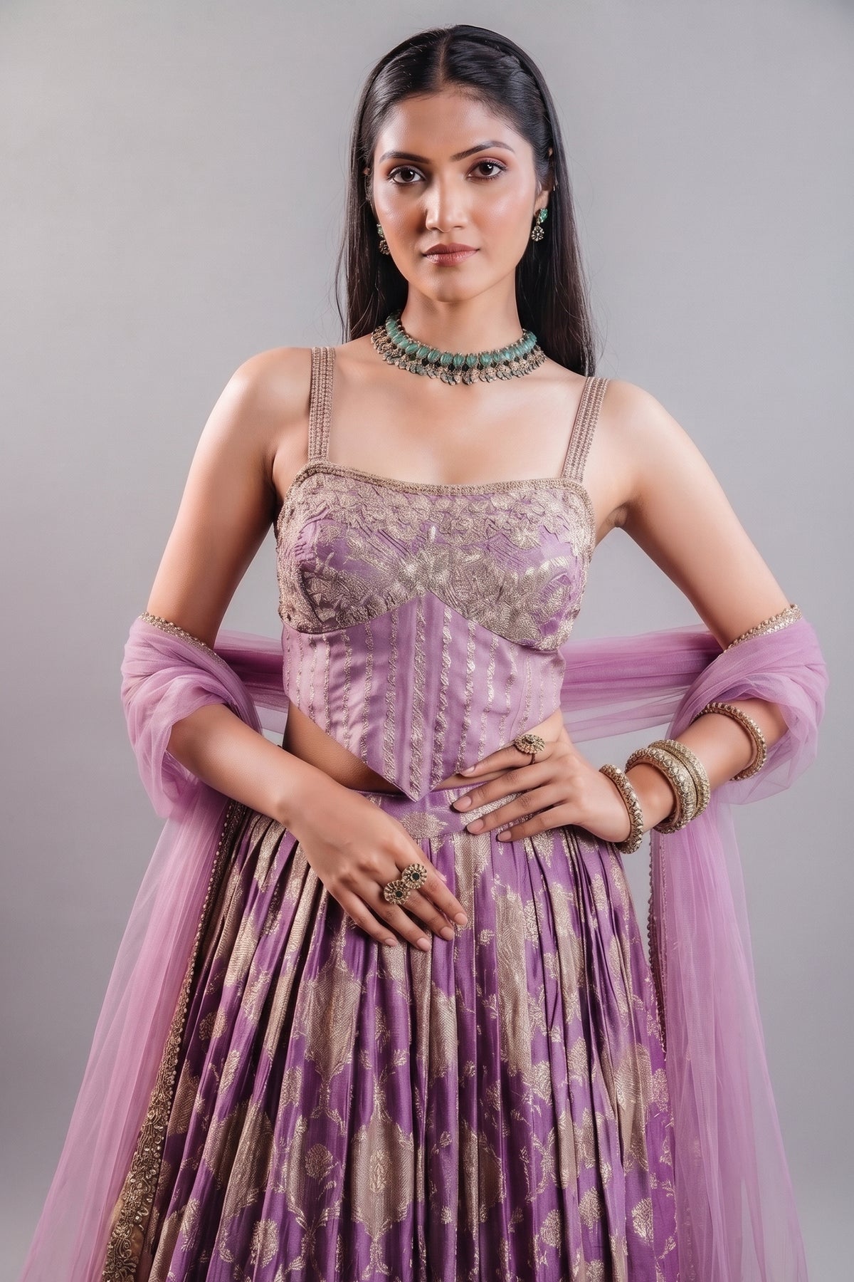 Lavender Purple Tissue Silk Lehenga featuring Cutdana Embroidered Corset Blouse