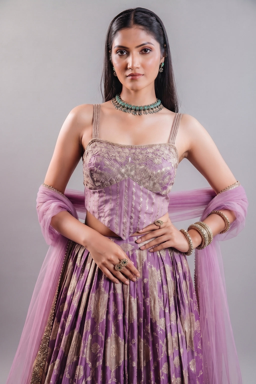 Lavender Purple Tissue Silk Lehenga featuring Cutdana Embroidered Corset Blouse