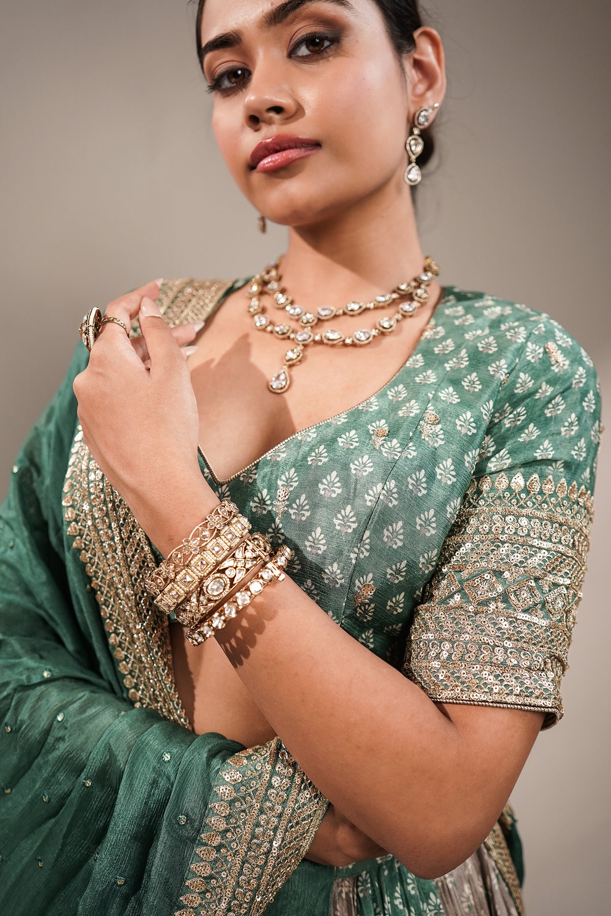 Olive Green Multi-Tonal Chinon Lehenga featuring Sequin-Highlight Pleated Skirt