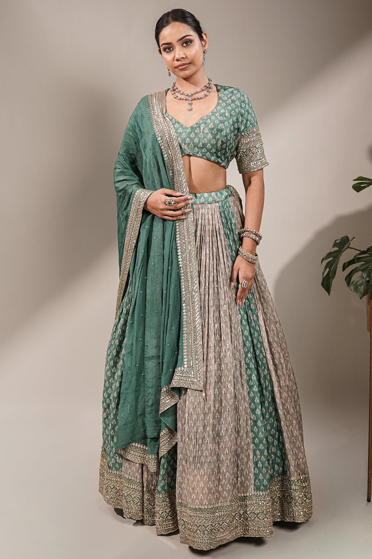 Olive Green Multi-Tonal Chinon Lehenga featuring Sequin-Highlight Pleated Skirt