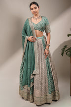 Olive Green Multi-Tonal Chinon Lehenga featuring Sequin-Highlight Pleated Skirt