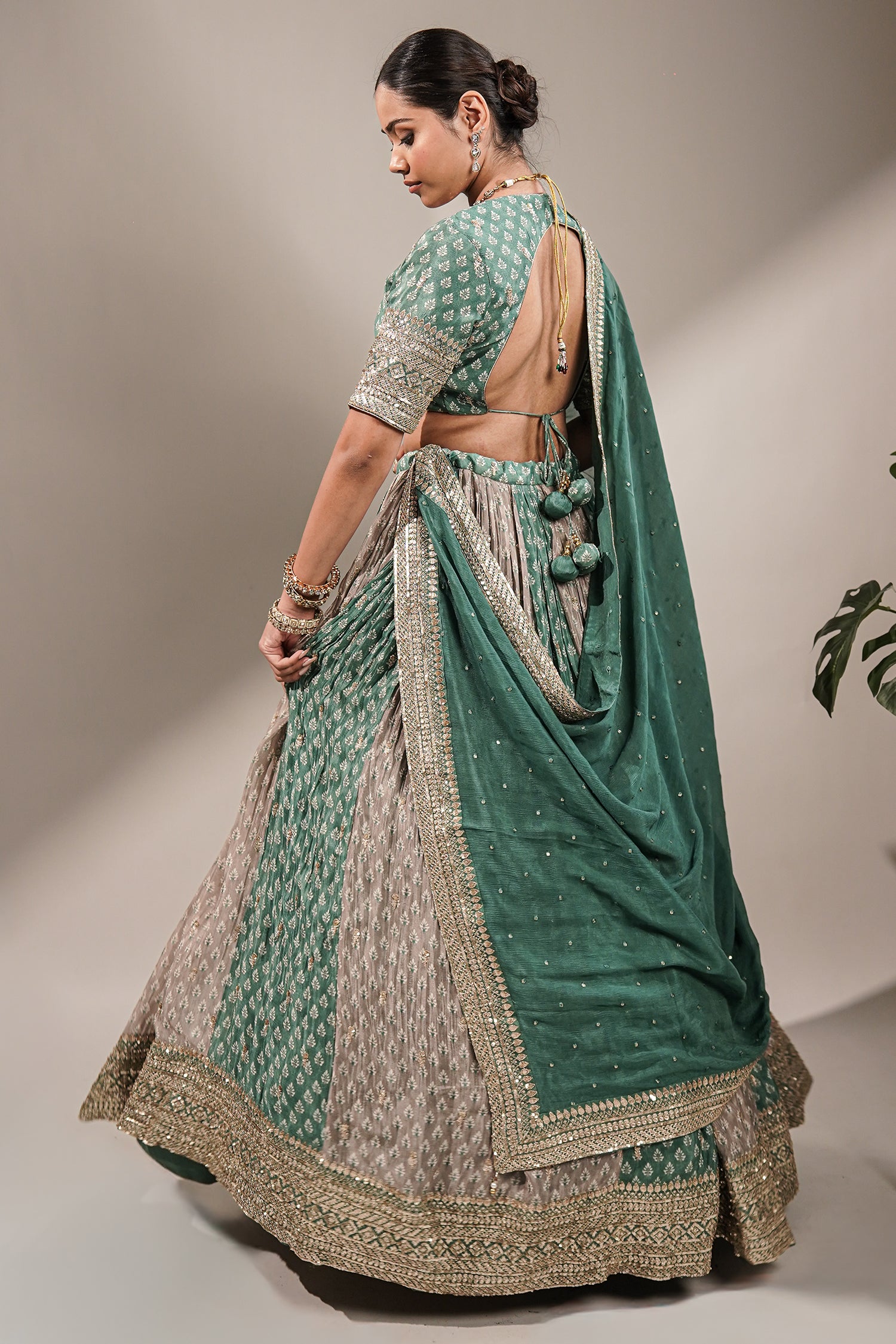 Olive Green Multi-Tonal Chinon Lehenga featuring Sequin-Highlight Pleated Skirt