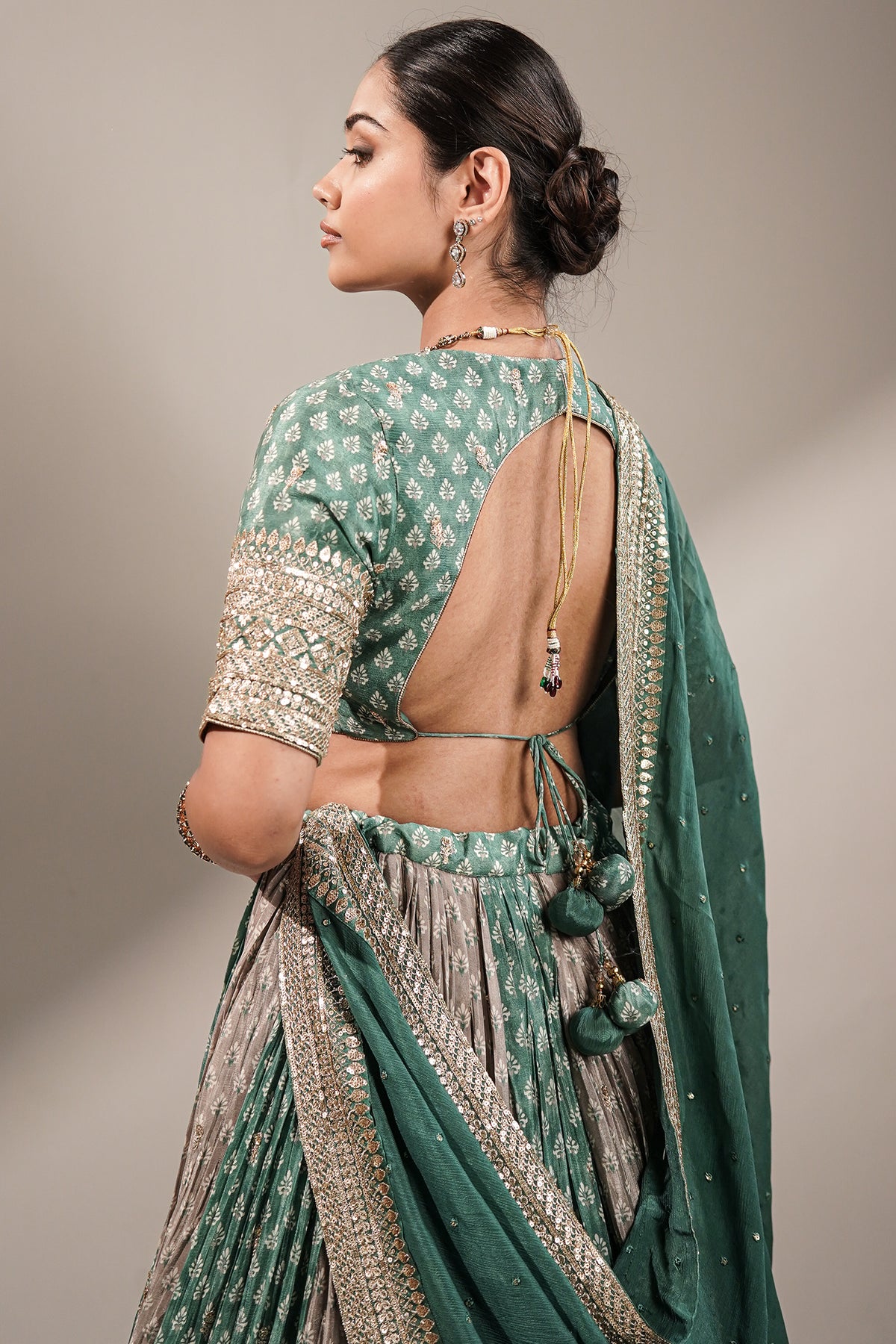 Olive Green Multi-Tonal Chinon Lehenga featuring Sequin-Highlight Pleated Skirt