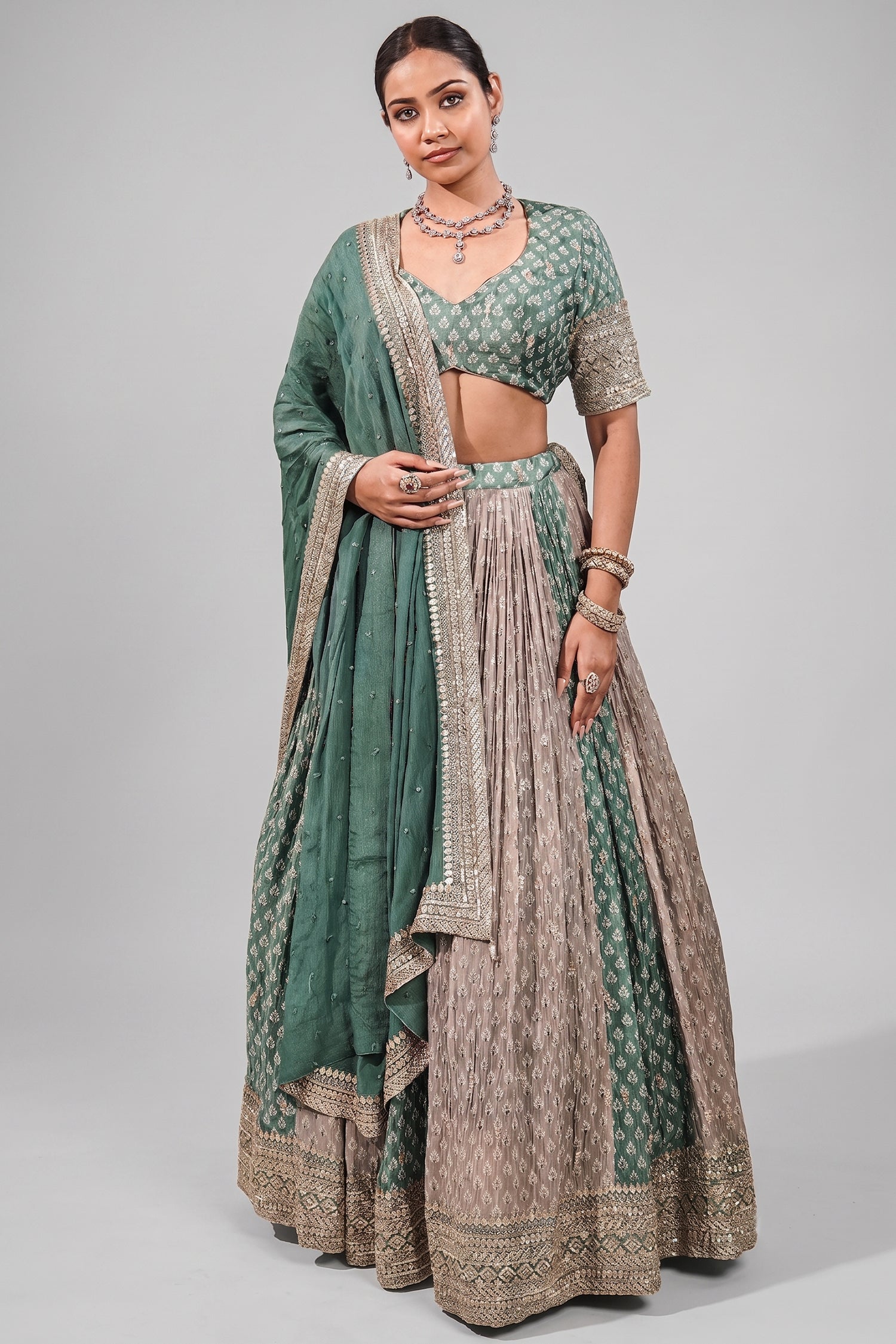 Olive Green Multi-Tonal Chinon Lehenga featuring Sequin-Highlight Pleated Skirt Main image