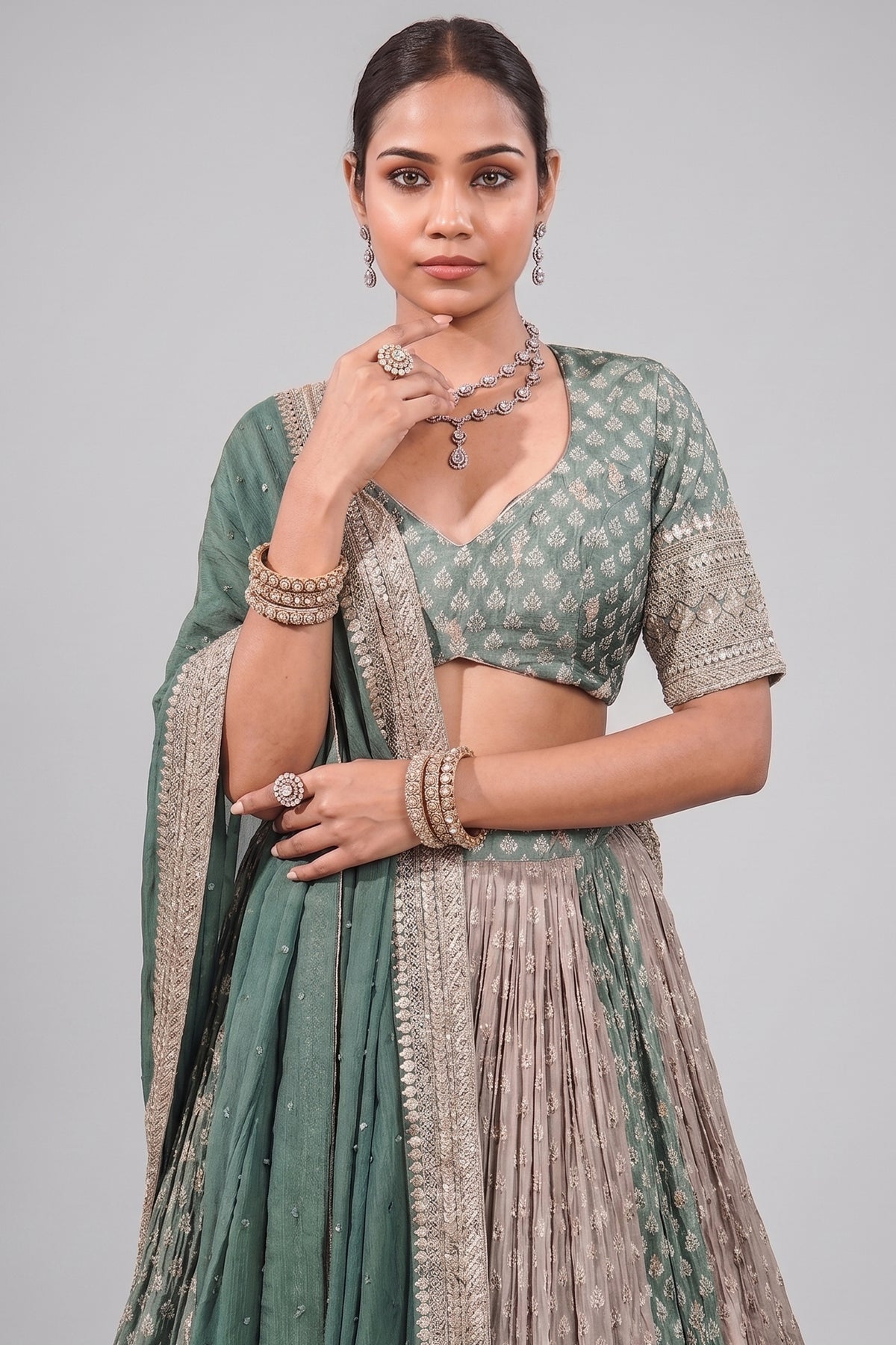 Olive Green Multi-Tonal Chinon Lehenga featuring Sequin-Highlight Pleated Skirt