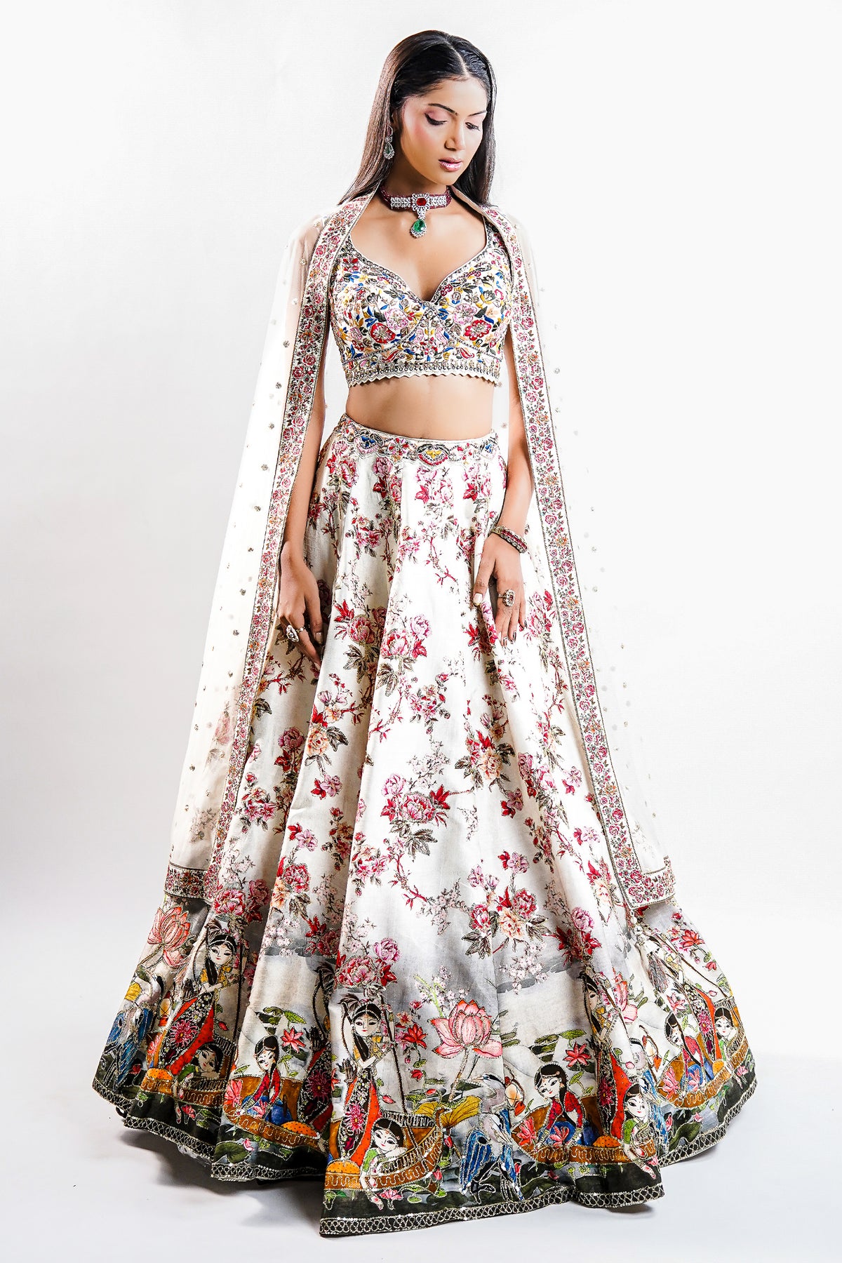 White Silk Printed Lehenga Set Featuring Miniature Painted Border