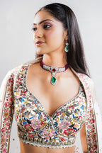 White Silk Printed Lehenga Set Featuring Miniature Painted Border