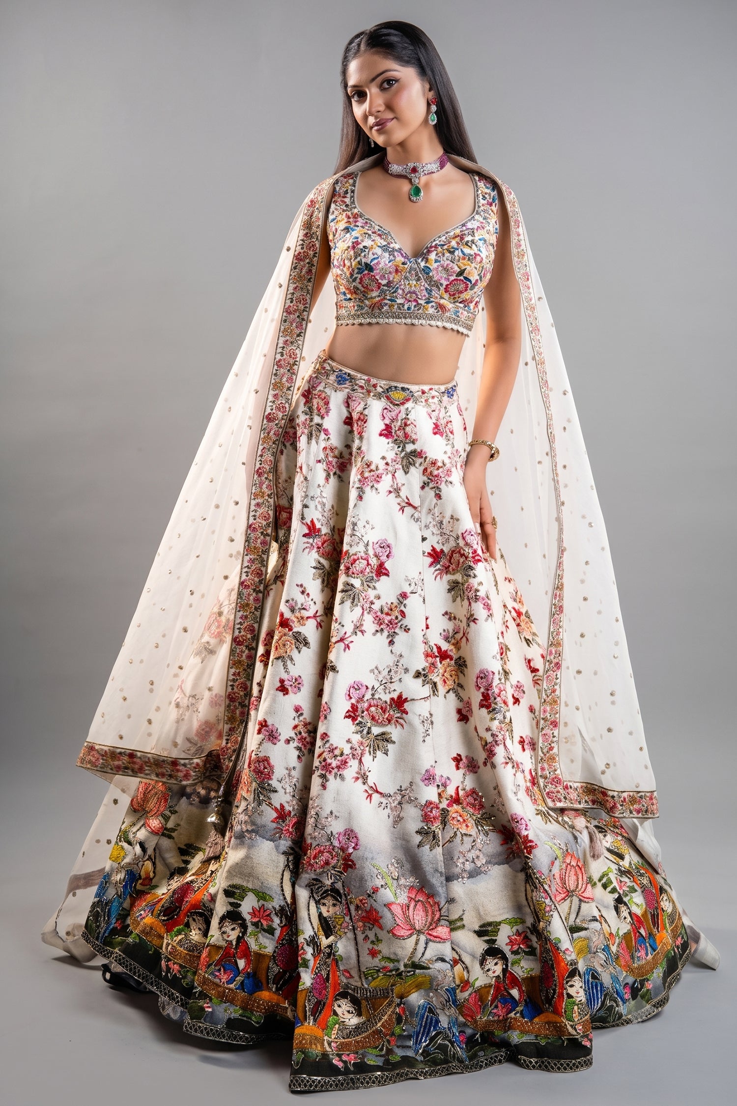 White Silk Printed Lehenga Set Featuring Miniature Painted Border Main image