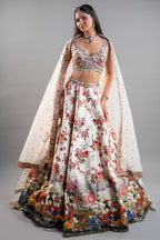 White Silk Printed Lehenga Set Featuring Miniature Painted Border