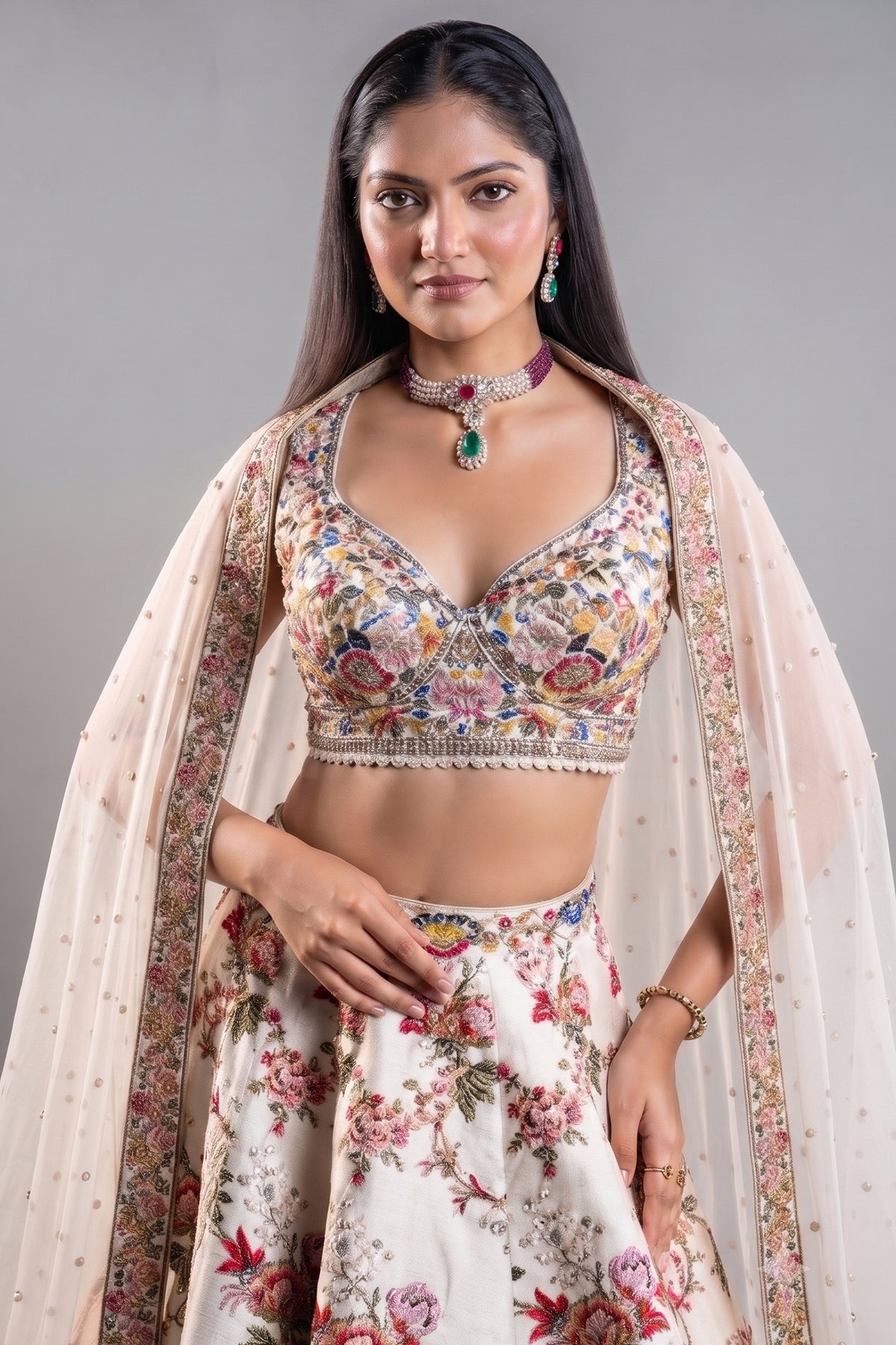 White Silk Printed Lehenga Set Featuring Miniature Painted Border
